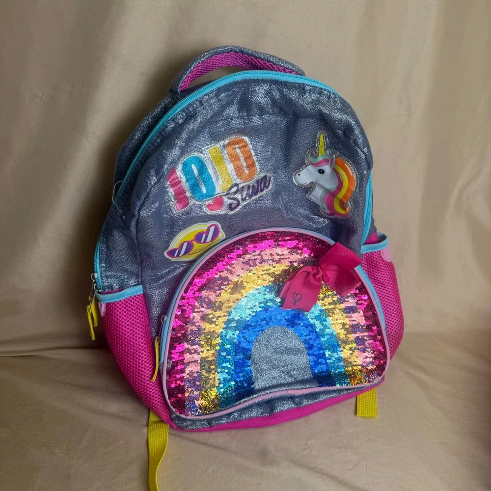 JoJo Siwa Girls 17 Inch Backpack Rainbow Flip Sequin Silver Glitter Unicorn Bow